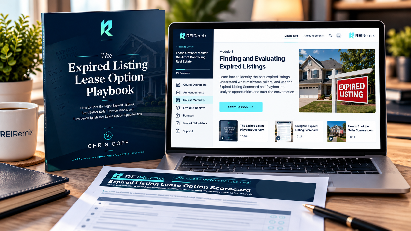 Expired Listing Lease Option Playbook, specialized training dashboard, and an angled blurred Scorecard in a professional workspace