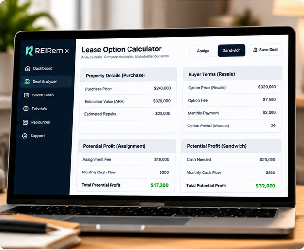 Lease Option Calculator dashboard displayed on a laptop